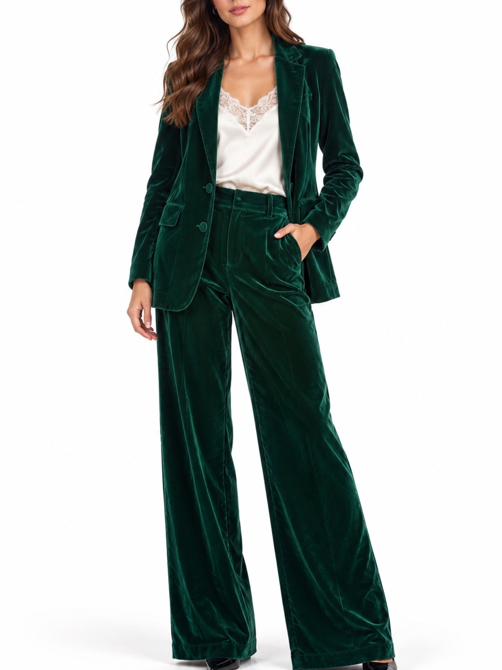 AQUA Dark Green Velvet Blazer Wide Leg Pants Suit Set S NWT Holiday Quiet Luxury
